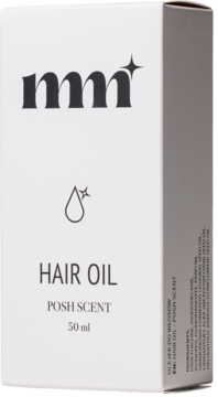 Białe opakowanie olejku do włosów Posh Scent 50ml z logo mm+, widok z przodu i z boku.