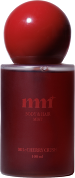 Ciemnoczerwona mgiełka do ciała i włosów MM Cherry Crush 100ml, z czerwoną kulistą nakrętką, widok z przodu.