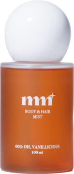 Brązowa butelka mgiełki do ciała i włosów MM "OH, VANILLICIOUS" 100ml z białą nakrętką, widok z przodu.