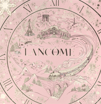 Różowe, okrągłe świąteczne opakowanie Lancôme w stylu zegara, ze złotymi ilustracjami Paryża i pociągu.