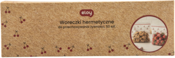 Karton elipy Woreczki hermetyczne do żywności 60 szt., brązowy z wiśniami i zdjęciem owoców.