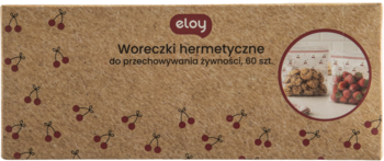 Opakowanie Eloy, woreczki hermetyczne do żywności, 80 szt. Brązowe z wiśniami, z podglądem na worki z jedzeniem.