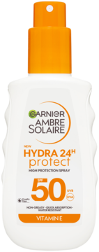 Garnier Ambre Solaire Hydra 24H Protect SPF 50 spray z pomarańczowym atomizerem i witaminą E, widok z przodu.