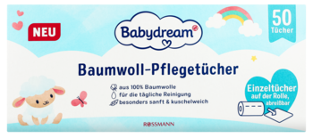 Babydream Baumwoll-Pflegetücher NEU, 50 sztuk ze 100% bawełny. Niebieskie opakowanie z owieczką i tęczą.
