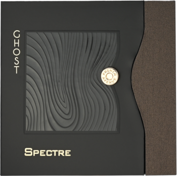 Premium opakowanie Ghost Spectre, czarne, brązowy pasek, złote napisy, reliefowe centrum o falistym wzorze, emblemat.