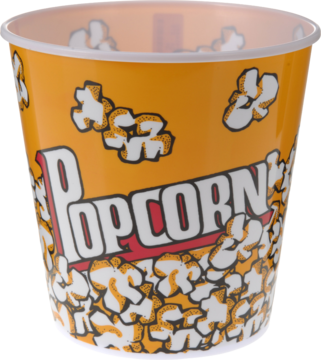 Pomarańczowy kubełek na popcorn z napisem 'POPCORN' i grafiką prażonej kukurydzy, widok z przodu.