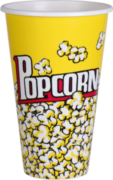 Żółty papierowy kubek na popcorn z czerwonym, pogrubionym napisem "POPCORN" i białymi ziarnami popcornu, widok z przodu.