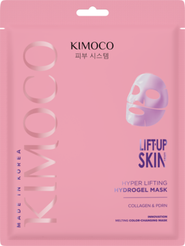 Różowa saszetka maski hydrożelowej Kimoco Hyper Lifting z kolagenem, z fioletową maską na froncie, widok z przodu.