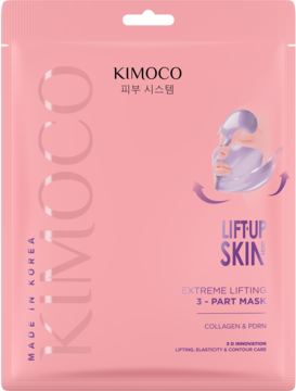 Różowa saszetka maski KIMOCO Lift Up Skin Extreme Lifting 3-Part, z grafiką liftingu i tekstem Collagen & PDRN.