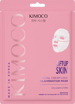 Różowa maska KIMOCO Royal Cream Lock Rejuvenation z Kolagenem & PDRN, widok z przodu, z napisem Lift Up Skin.