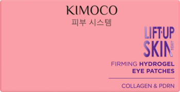 Różowe pudełko Kimoco Lift Up Skin Firming Hydrogel Eye Patches, front z fioletowym tekstem i składnikami Collagen & PDRN.