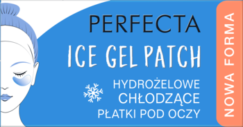 Niebieskie opakowanie Perfecta Ice Gel Patch, hydrożelowe chłodzące płatki pod oczy, widok z przodu.
