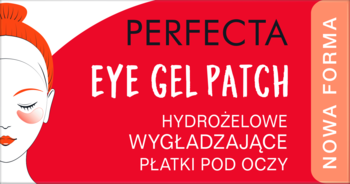 PERFECTA Eye Gel Patch, wygładzające płatki hydrożelowe. Czerwono-biała etykieta z kobietą i czerwonymi patchami pod oczami.