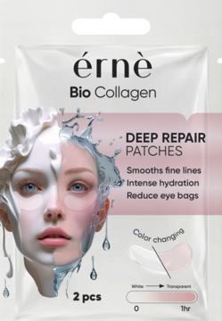 ÉRNÈ Bio Collagen Deep Repair Patches w białej saszetce, z grafiką kobiety, różowymi płatkami, widok z przodu.