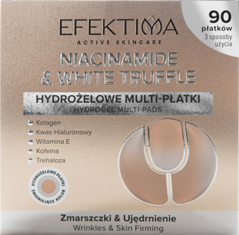 EFEKTIMA Niacinamide & White Truffle hydrożelowe płatki, beżowe pudełko, 90 szt., redukcja zmarszczek i ujędrnianie, front.