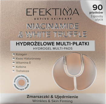 Przód beżowego pudełka Efektima Multi-Płatki Niacinamide & White Truffle, 90 szt., redukujące zmarszczki, ujędrniające.
