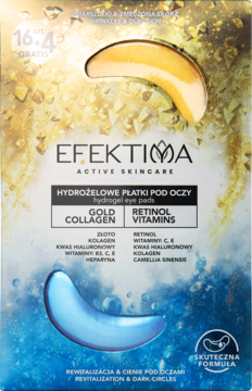 EFEKTIMA hydrożelowe płatki pod oczy, złote z kolagenem i niebieskie z retinolem, w opakowaniu, widok z przodu.