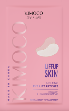 Różowe opakowanie Kimoco Melting Eye Lift Patches z kolagenem, widok z przodu, z grafiką topniejących płatków.
