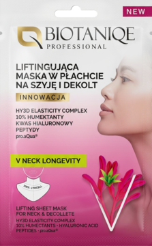 Biotaniqe Professional, liftingująca maska w płachcie na szyję i dekolt, biało-różowa saszetka, przód.