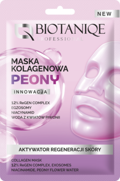 Różowa maska kolagenowa Biotaniqe Peony, aktywator regeneracji skóry, widok z przodu opakowania.