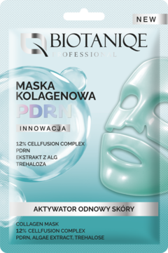 Srebrno-niebieska maseczka kolagenowa Biotaniqe PDRN w saszetce, z wizerunkiem maski i tekstem na froncie.