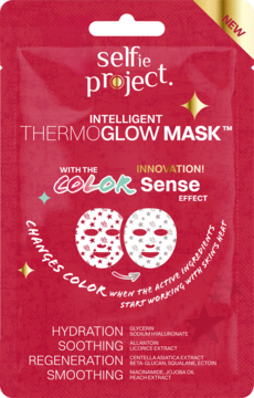 Czerwona inteligentna maska Selfie Project Thermoglow Mask, zmieniająca kolor pod wpływem ciepła, widok z przodu.