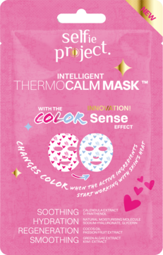 Nowa różowa saszetka maski Selfie Project Intelligent ThermoCalm, zmieniająca kolor z ciepłem skóry.