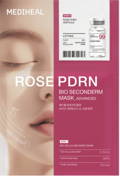Maska w płachcie Mediheal Rose PDRN Bio Seconderm Advanced, różowo-białe opakowanie z ampułką, widok przodem.