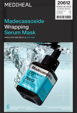 Mediheal Madecassoside Wrapping Serum Mask, ciemna butelka serum do cery z niedoskonałościami w wodzie.
