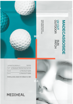 Mediheal Madecassoside UV Cut Sun Patch na skórze pod okiem, opakowanie obok i białe piłeczki w tle.