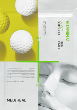 Mediheal UV Cut Outdoor Vitamin C Sun Patch: zbliżenie na twarz z plastrami, opakowanie, piłki golfowe i info o UV.