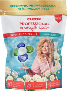 Cleox Professional Magda Gessler, uniwersalne kapsułki do prania, 20 sztuk, biało-złota torba z różami.
