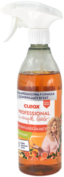 Cleox Professional odtłuszczacz kuchenny z pomarańczą, przezroczysta butelka, Magda Gessler, widok z przodu.