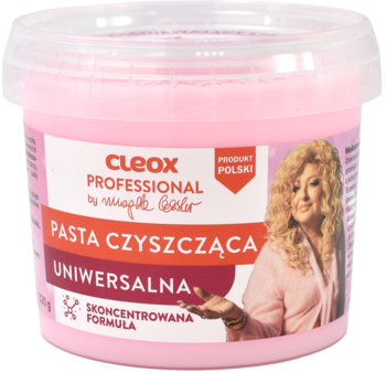 Różowa pasta czyszcząca Cleox Professional w wiaderku, z twarzą Magdy Gessler i czerwoną etykietą, widok z przodu.