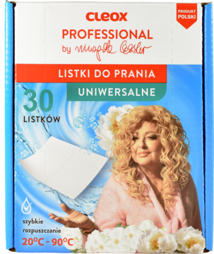 Cleox Professional listki do prania uniwersalne 30 sztuk, szybkorozpuszczalne, z Magdą Gessler, widok z przodu.