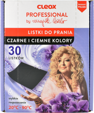 Fioletowe opakowanie Cleox Professional listki do prania 30 sztuk, do czarnych i ciemnych kolorów, z wizerunkiem Magdy Gessler.