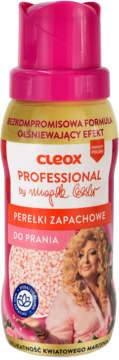 Różowo-złoty pojemnik Cleox Professional, perełki zapachowe do prania, z wizerunkiem Magdy Gessler i różową zakrętką.
