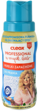 Cleox Professional perełki zapachowe do prania, front butelki z Magdą Gessler, zapach Szmaragdowy Sen Wiatru.