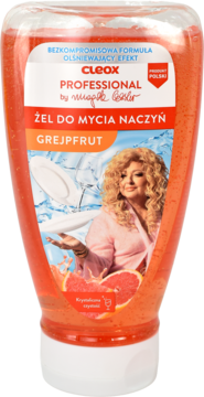 Różowo-pomarańczowy żel do naczyń Cleox Grejpfrut, widok z przodu, z wizerunkiem Magdy Gessler na etykiecie.