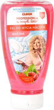 Różowy żel do naczyń Cleox Professional by Magda Gessler Malina, butelka z malinami i portretem kobiety.