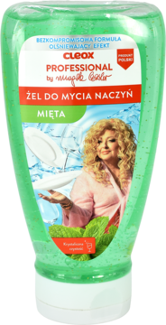Zielony, brokatowy żel do naczyń Cleox Professional Mięta, butelka z Magdą Gessler, widok z przodu.