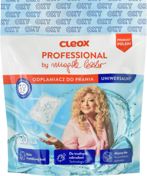 Cleox Professional odplamiacz do prania, uniwersalny, 20 sztuk. Biała saszetka z Magdą Gessler na tle wody.