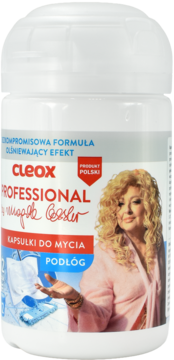 Biały pojemnik Cleox Professional, kapsułki do mycia podłóg, z uśmiechniętą Magdą Gessler i napisem Produkt Polski.