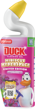 DUCK Cleaning Gel Hibiscus Hyperspace Limited Edition, biała butelka z kaczką i żółtą nakrętką na różowej etykiecie.