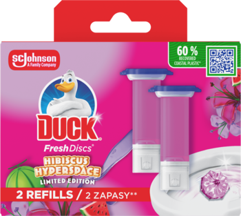 Różowe opakowanie Duck Fresh Discs Hibiscus Hyperspace, 2 Refills, z logo kaczki i widocznymi wkładami.