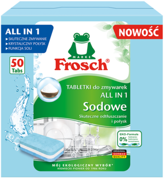 Frosch ALL IN 1 Sodowe tabletki do zmywarek, 50 szt., niebiesko-zielone opakowanie, widok z przodu.