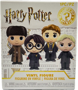 Biały blind box Funko Harry Potter Mystery Minis, front, z ilustracjami czterech winylowych figurek postaci.