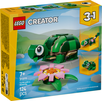 Pudełko LEGO Creator 3 w 1: zielony żółw z lilią wodną, oraz figurki kameleona i żaby, zestaw 31377.