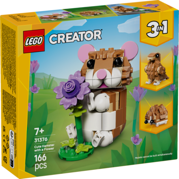 Opakowanie LEGO Creator 3w1 31376 Uroczy chomik z kwiatkiem, widoczne też figurki jeża i orła.