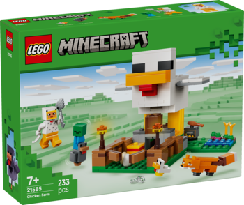 Zielone pudełko LEGO Minecraft Farma kurczaków 21585, zabawka gamingowa z figurkami i kurnikiem.